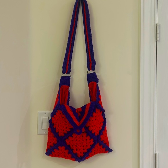Hand Crocheted Knit Yarn Boho Tote Red Purple Purse Shoulder Bag Retro Granny - Picture 7 of 15